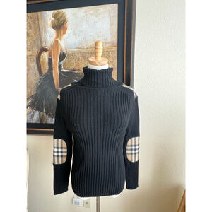 New Burberry Black Ribbed Turtleneck Sweater Plaid Elbow Patches XS (Fits M)